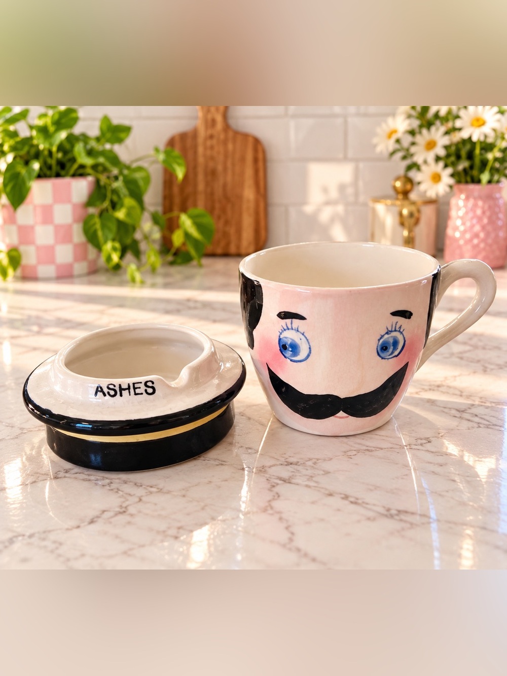 Vintage Ceramic Porcelain Mustache Face Mug & Ashtray Hat Set POP Relco kitschy